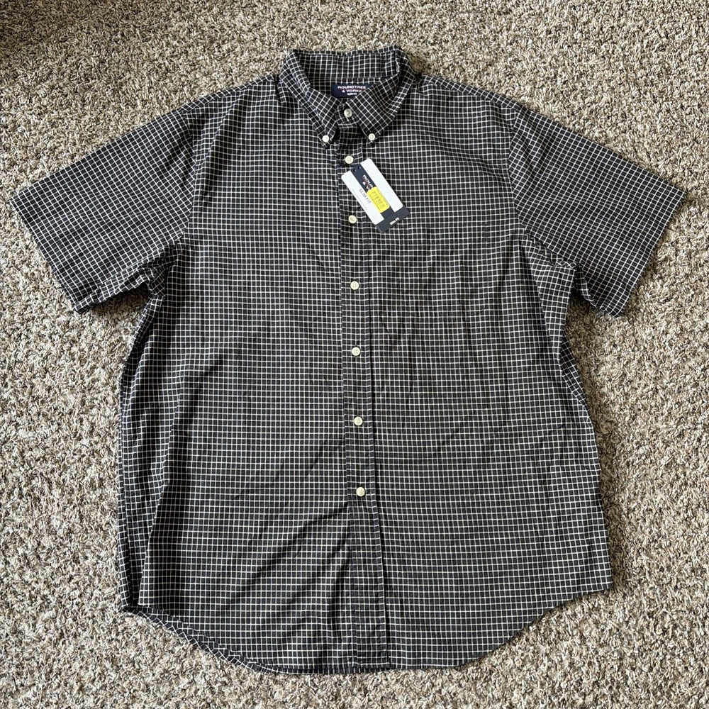 Roundtree and Yorke Slim Fit Short Sleeve Shirt Button Up XL Black White Plaid
